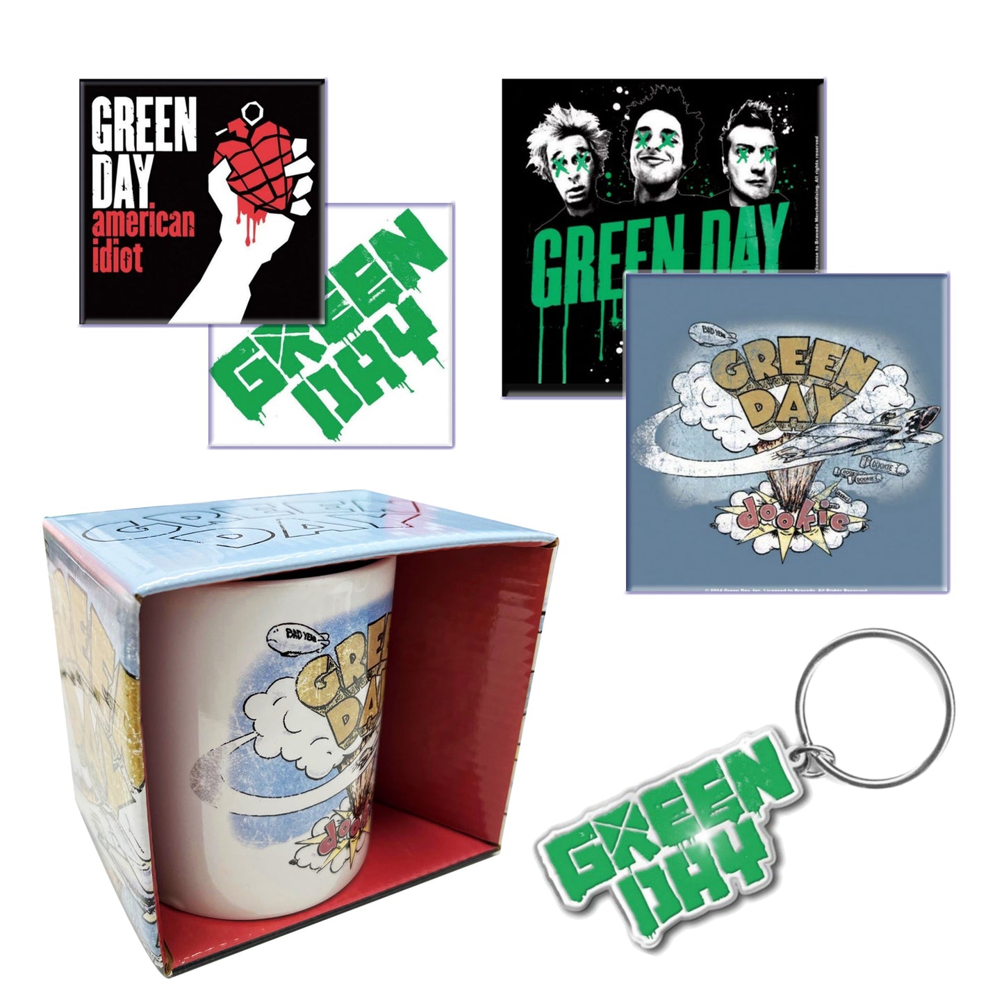 Green Day Gift Set with boxed Coffee Mug, Keychain, 2 x Fridge Magnets, 2 x Drinks Coasters