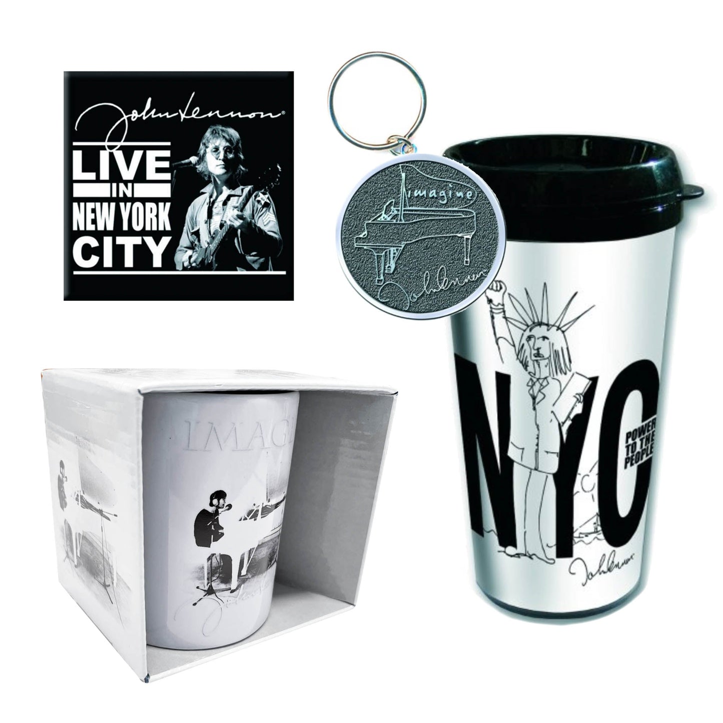 John Lennon Gift Set with boxed Coffee Mug, Travel Mug, Keychain, Fridge Magnet
