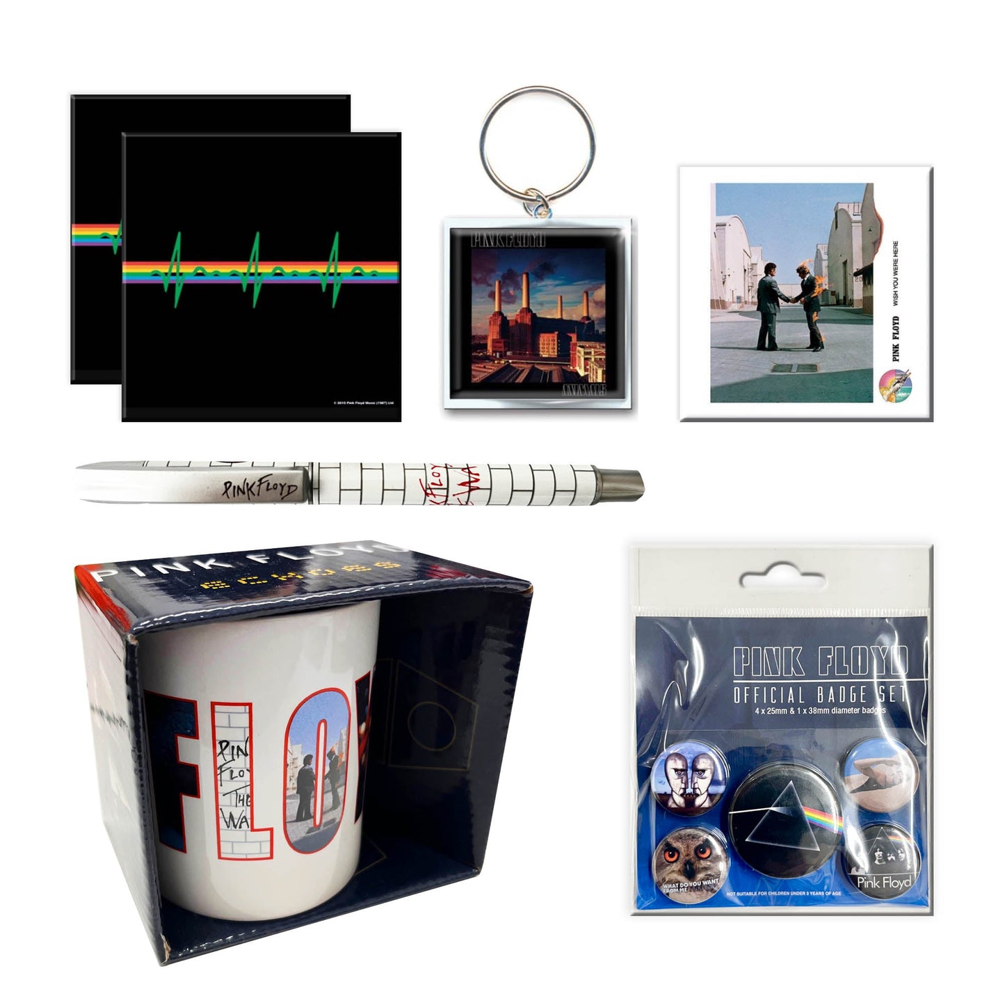 Pink Floyd Gift Set with boxed Coffee Mug, Keychain, 2 x Drinks Coasters, Fridge Magnet, 5 x Button Badges, Pen