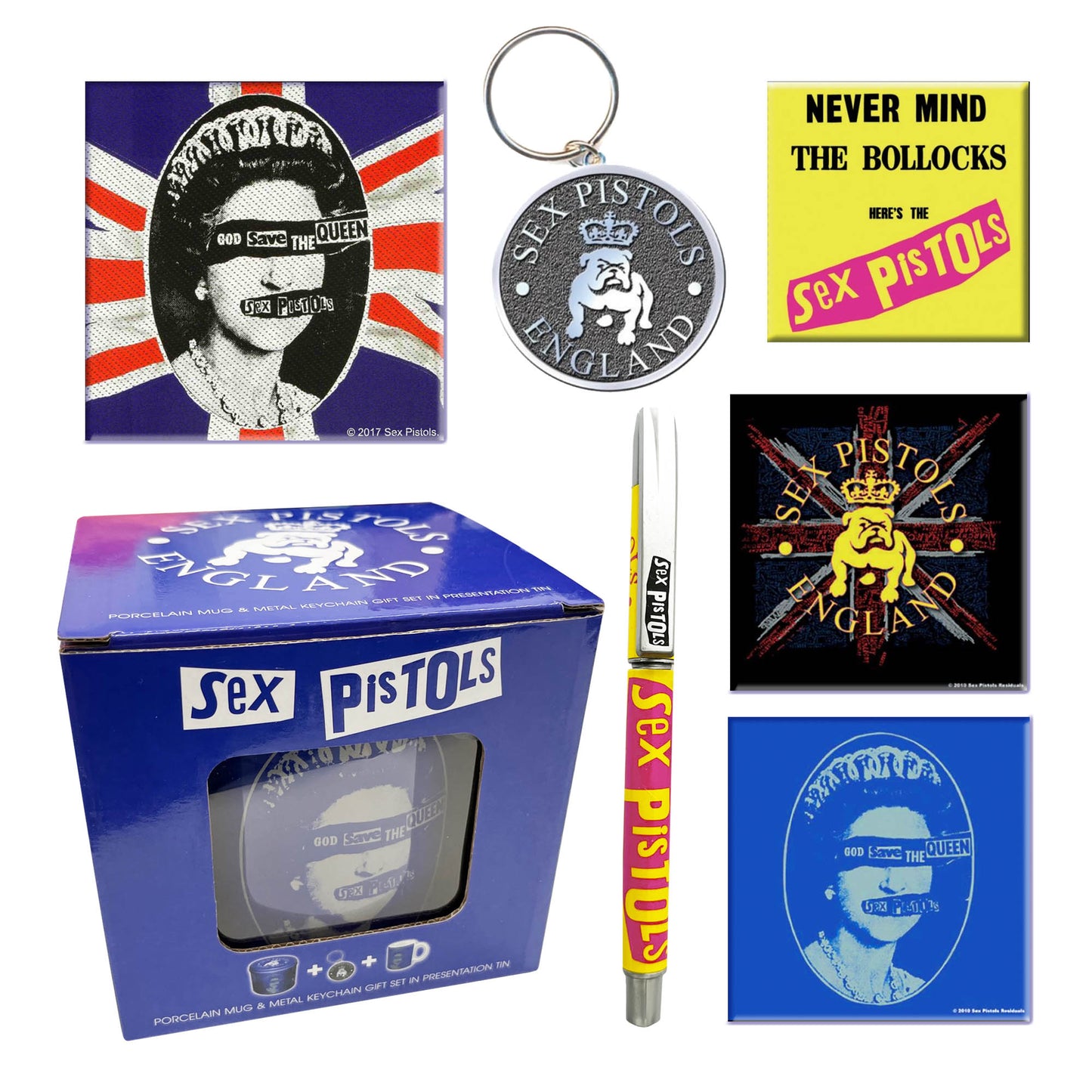 The Sex Pistols Gift Set with boxed Coffee Mug, Keychain, 2 x Drinks Coasters, Fridge Magnet, Woven Patch, Pen