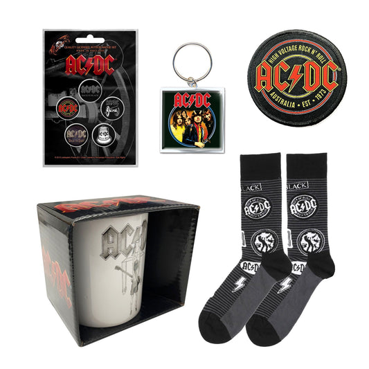 AC/DC Gift Set with boxed Coffee Mug, Keychain, 5 x Button badges, Woven Patch, Socks