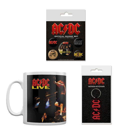 AC/DC Gift Set with boxed Coffee Mug, Woven Keychain, 5 x Button badges.