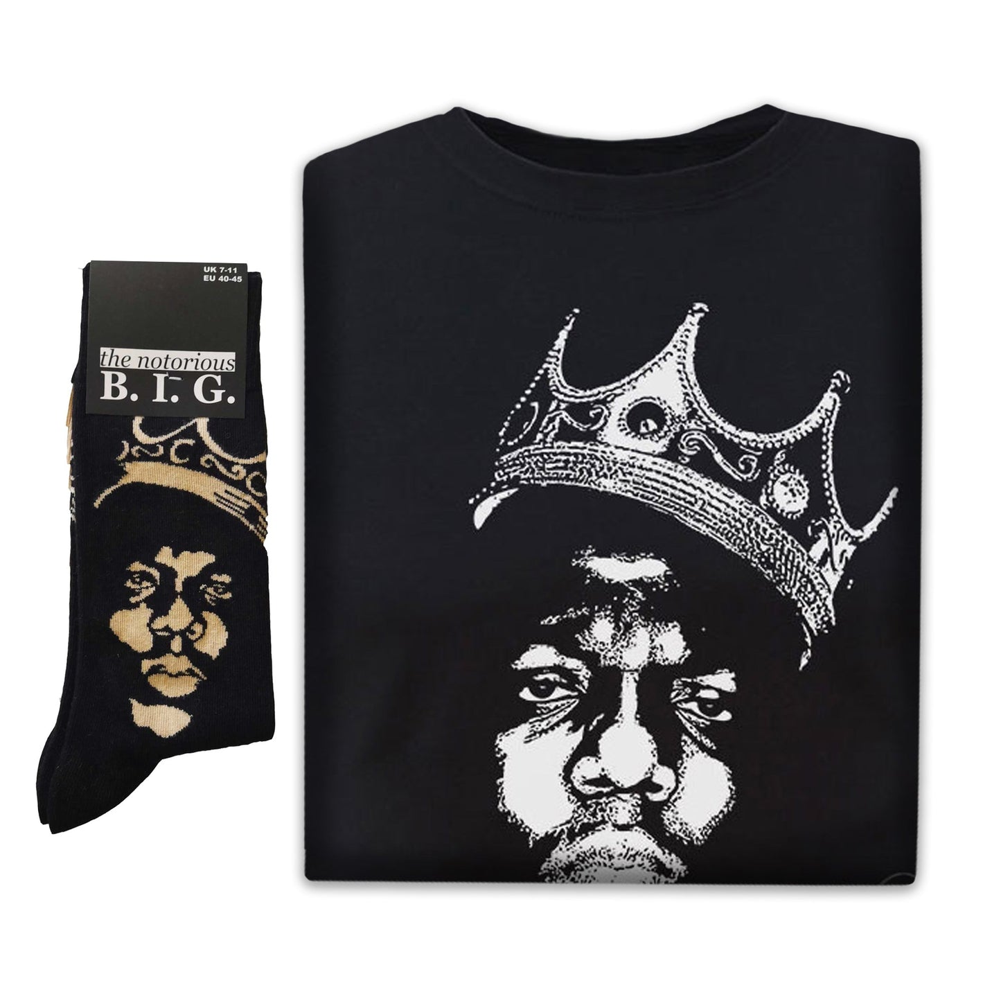 Biggie Smalls Unisex T-Shirt: Crown Face & Socks - Gift Set