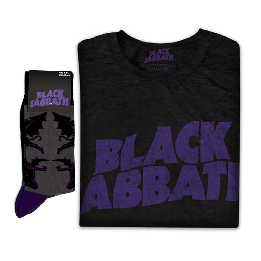 Black Sabbath Unisex T-Shirt: Wavy Logo Vintage & Socks - Gift Set