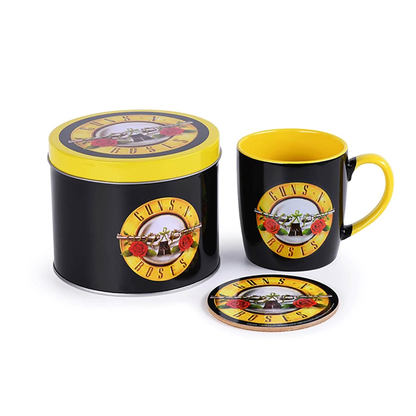 Guns N' Roses Gift Set with Coffee Mug & Drink Coaster set, Woven Patch, Button Badges Set of 5, Fridge Magnet, Vinyl Stickers