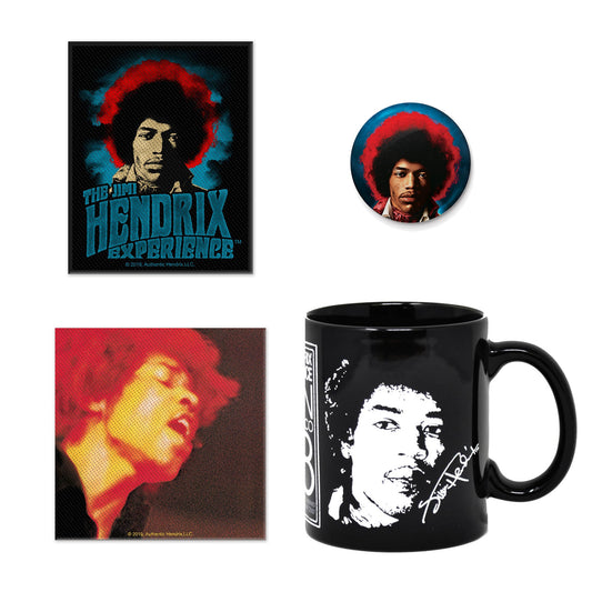 Jimi Hendrix Gift Set with boxed Coffee Mug, Sewn Patch, Button Badge, Fridge Magnet