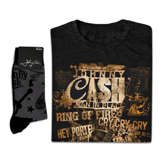 Johnny Cash Unisex T-Shirt: Guitar Song Titles & socks - Gift set