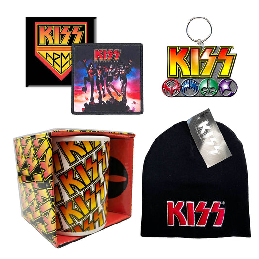 Kiss Gift set with Boxed Coffee Mug, Sew on patch, Keyring, Coaster and Beanie