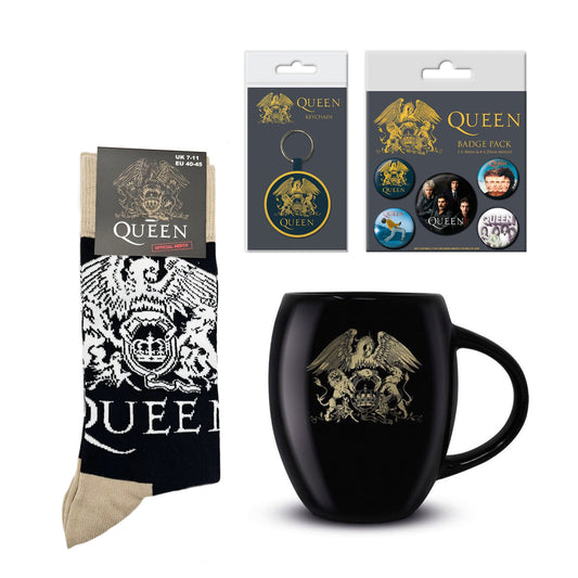 Queen Gift Set with boxed Coffee Mug, Woven Keychain, 5 x Button Badges, Socks