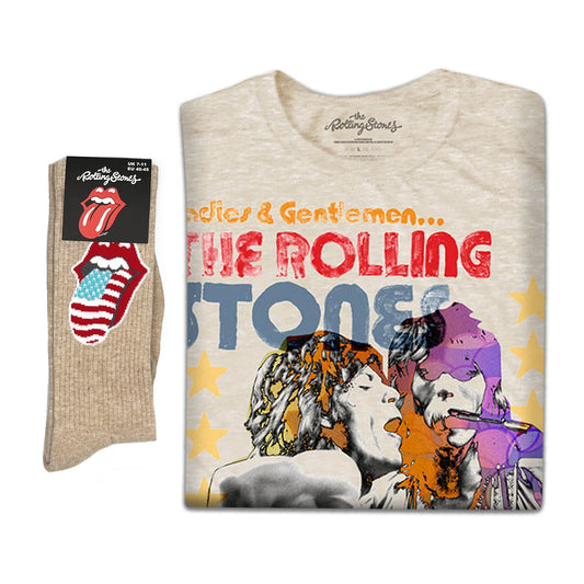 The Rolling Stones Unisex T-Shirt: Mick and Keith Watercolour Stars & Socks Gift set