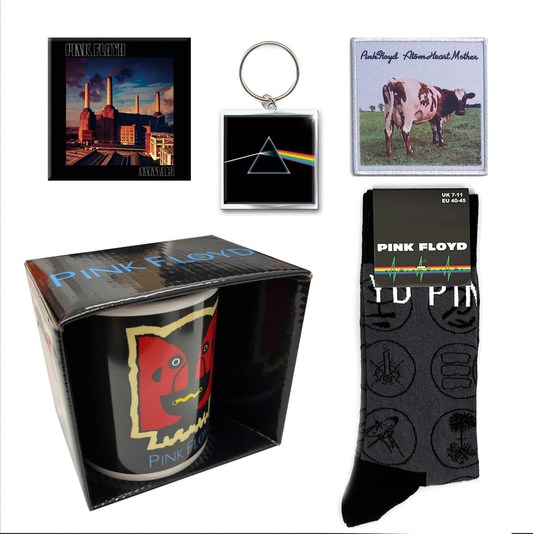 Pink Floyd Gift set with boxed Coffee Mug, Keyring, Fridge Magnet, Sew on Patch and Socks